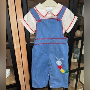 1980s Vintage overalls caterpillar embroidered appliqué denim set baby boy